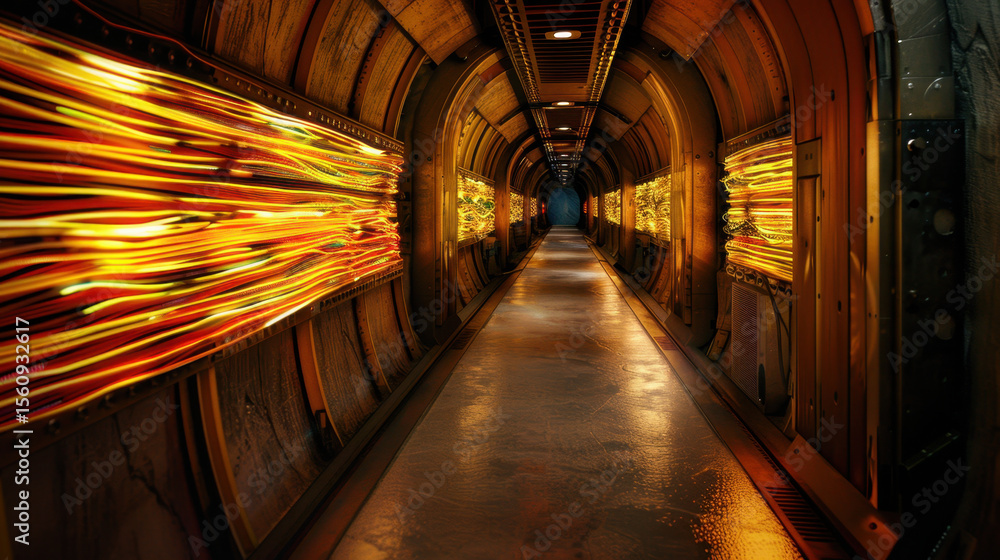 Poster futuristic corridor with glowing energy lines flowing along walls, creating dynamic and vibrant atmo