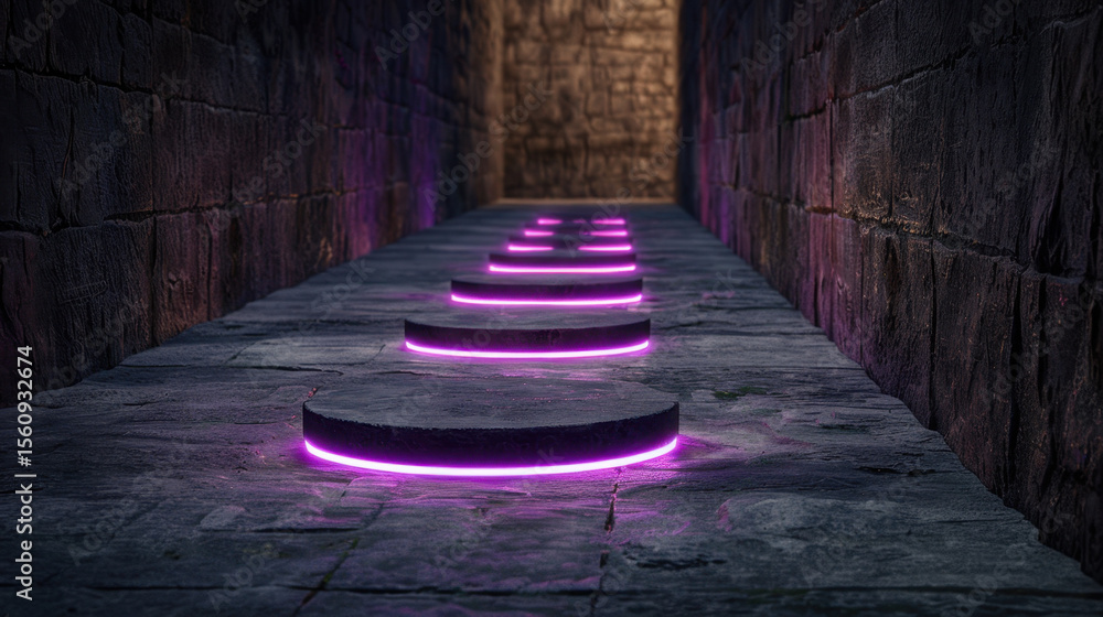 Poster mysterious pathway illuminated by glowing circular stones leads through dark, ancient corridor, crea