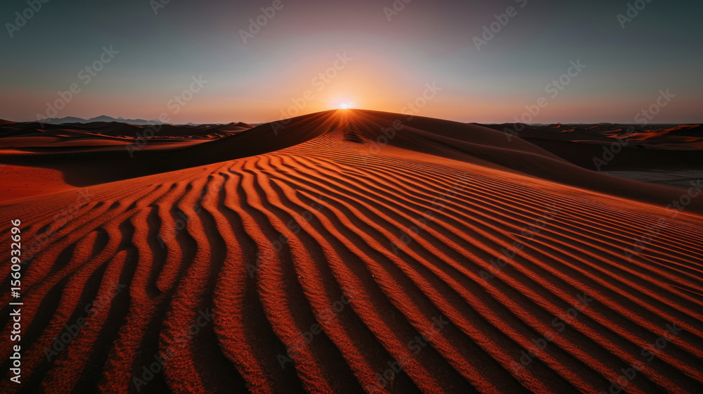 Poster stunning view of rippled sand dunes illuminated by warm glow of setting sun, creating serene and tra