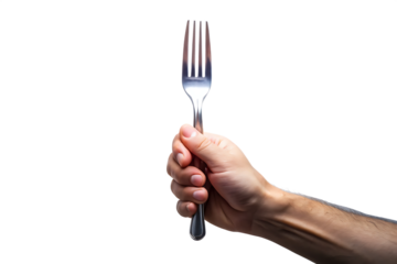 Hand holding a silver metal fork with four tines against a black background isolated on a transparent background