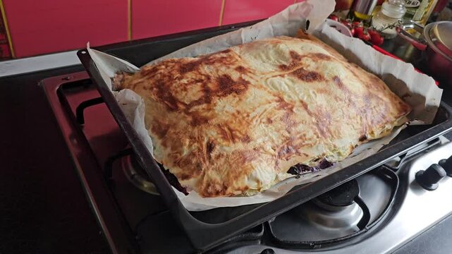 Delicious Homemade cheesy spinach quiche pie. spinach pie making process