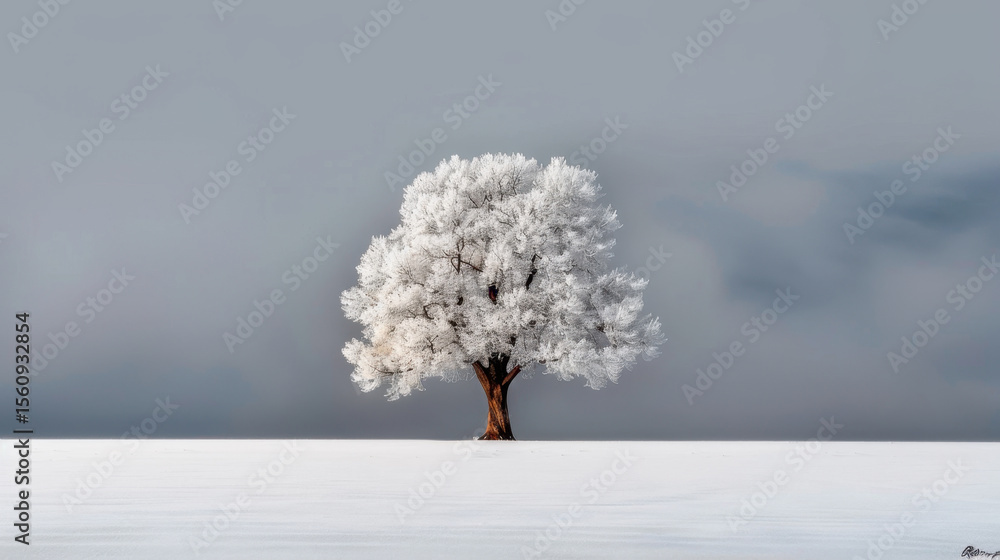 Poster single snow covered tree stands majestically in foggy white field, creating serene and tranquil wint