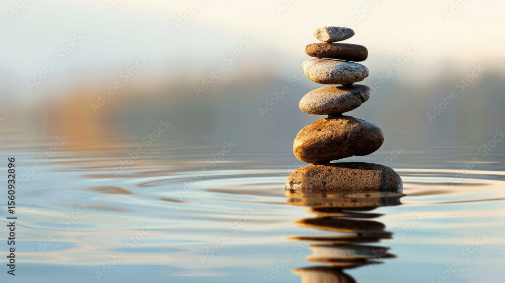 Poster balanced stone stack in shallow water creates serene and calming atmosphere, reflecting tranquility 