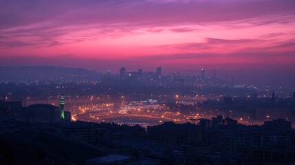 Obraz premium Cityscape at twilight, illuminated by streetlights.