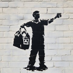 Street art figure, holding bag, brick wall, urban scene. Possible use Graphic design