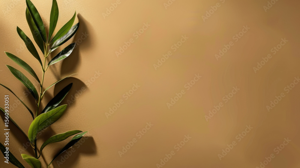 Poster soft beige background features single green leaf shadow, creating serene and calming atmosphere
