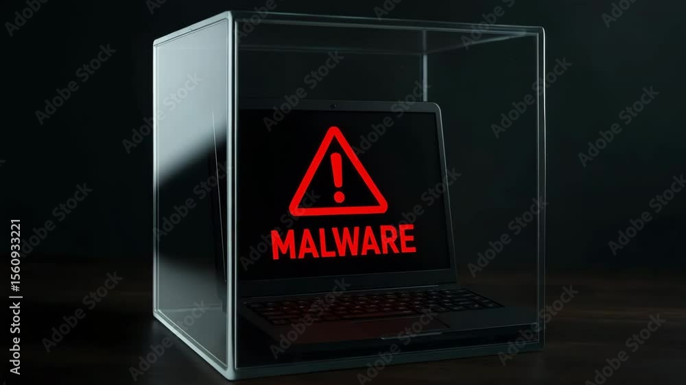 Poster a laptop trapped behind a transparent box with malware warning, symbolizing digital security breach 