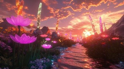 Fototapeta premium A vibrant, glowing floral landscape at sunset.