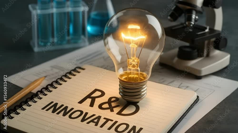 Poster illuminating the core of research and development, a light bulb shines brightly atop a notepad with 