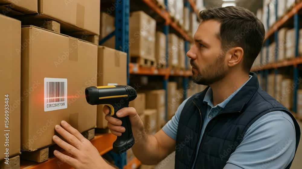 Poster an individual diligently scans a barcode on a package, demonstrating meticulous attention to detail 