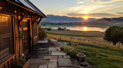 Serene solar powered house with stunning sunset view over tranquil lake, surrounded by lush green fields and mountains