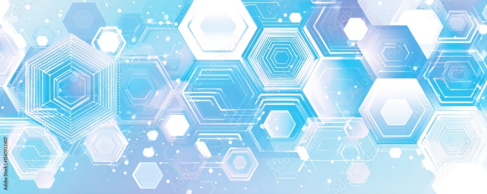 Poster background with blue and white hexagons, circuit board elements, digital technology concept banner d
