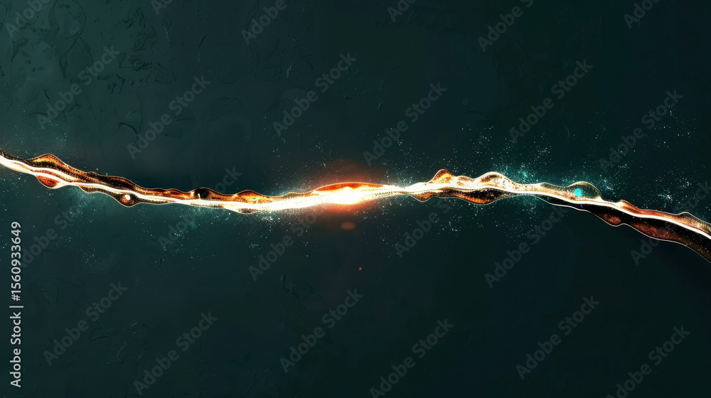 Poster thin glowing data line bends through dark background, creating mesmerizing visual effect. interplay 