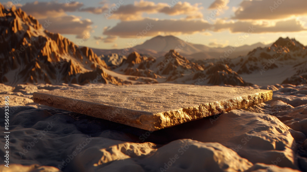 Poster thin rectangle floating above textured surface in mountainous landscape during sunset, creating sere