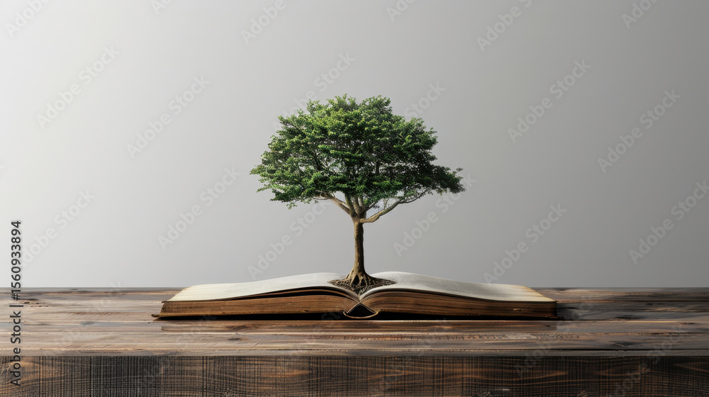 Poster tree sprouting from open book symbolizes growth and knowledge, representing eco friendly ideas and n