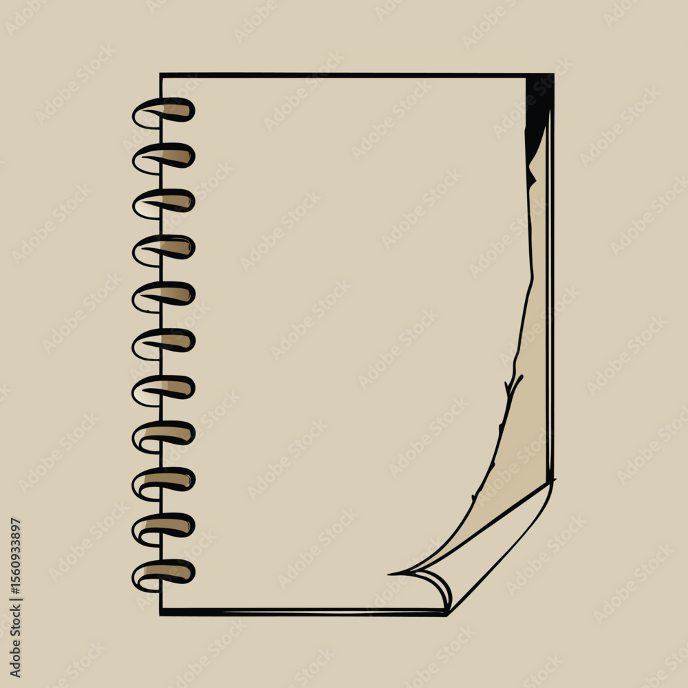 Poster sketchbook illustration with rolled pages and spiral binding on transparent background