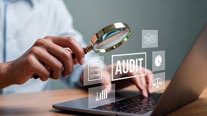 Close up of a person holding a magnifying glass over a laptop with audit icons around it