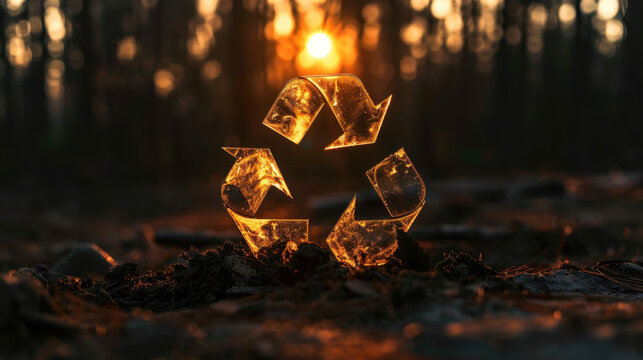 Transparent recycling symbol illuminated by sunlight, surrounded by nature, evokes sense of environmental awareness and sustainability