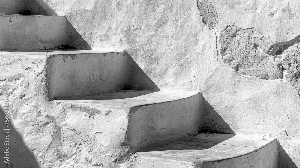 Poster white concrete steps casting long soft shadows create serene atmosphere, highlighting texture and si