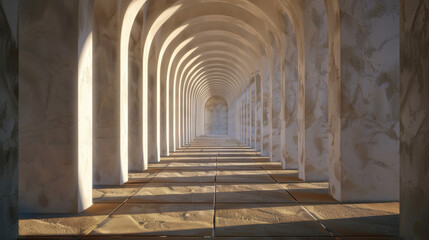 Obraz premium Serene white corridor with arches creates vanishing point, casting soft shadows on floor, evoking sense of tranquility and depth