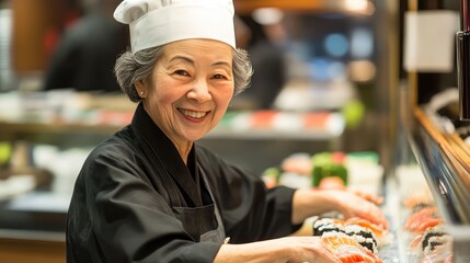 A woman in a chef's hat is smiling and preparing food