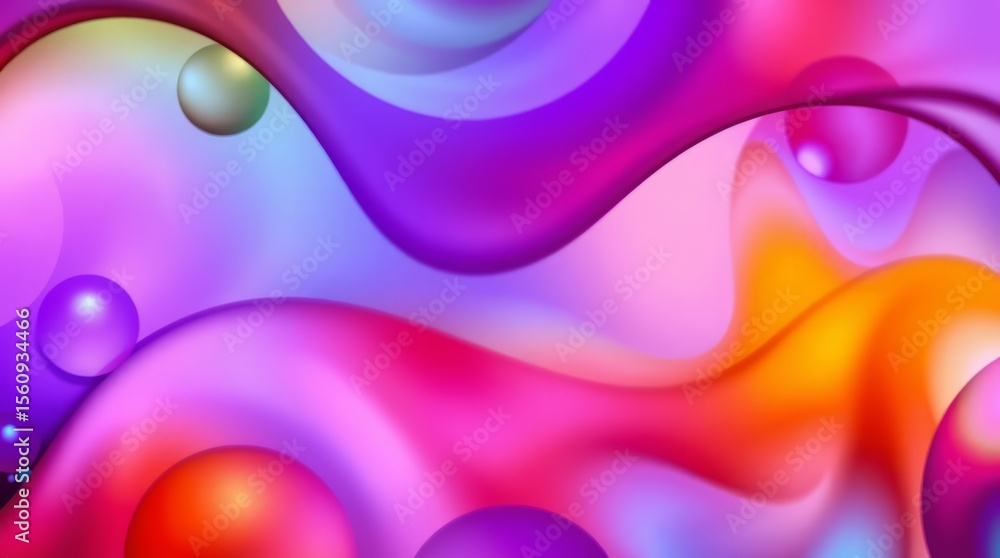 Poster fluid abstraction: an iridescent display of wavy lines and spheres in vibrant shades of violet, pink