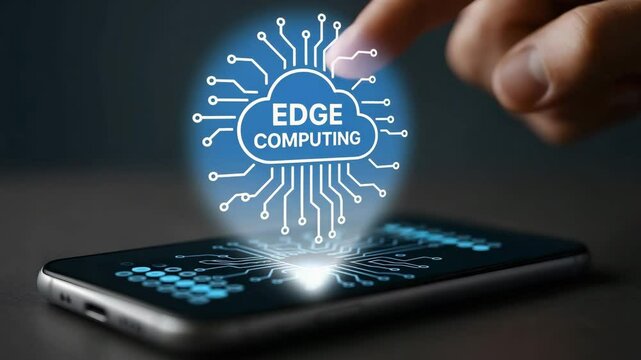 The dynamic essence of edge computing technology comes alive as a person's touch initiates the futuristic network. It symbolizes the cutting-edge interconnectedness and technological advancement.