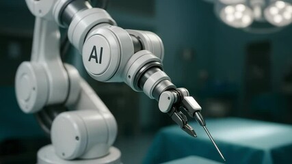 Advanced surgical robotic arm, emblazoned with "AI", poised with precision in a modern operating room, symbolizing the cutting edge of medical technology. - Powered by Adobe