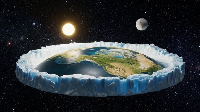 Conceptual 3D rendering of the Flat Earth model, depicting the disc-shaped planet surrounded by an ice wall in outer space, illustrating an alterna...