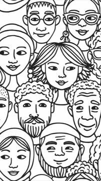 Looping Doodle Faces Animation - Vertical Black and White Line Art