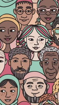 Vertical Looping Animation of Diverse Crowd &ndash; Hand-Drawn People Background