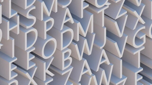 Camera moves slowly along stacked 3D letters of the English alphabet filling the entire frame. Elegant typography with clean lighting creates a modern, abstract educational or design-themed background