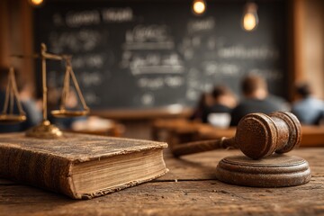 University classroom scene criminology students studying legal texts gavel justice scales on desk chalkboard with law reform notes soft academic lighting warm tone