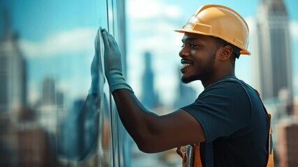 Worker in hard hat cleans high rise window in urban setting