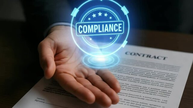 A person's hand holding glowing 'Compliance' symbol above a business contract, representing the enforcement of regulations and rules within a corporate environment.