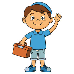 Happy Little Handyman  A Cartoon Illustration of a Boy with Tools