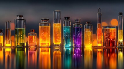 Vibrant visualization of analytical chemistry processes lab tools separation and identification mass spectrometer chromatography columns glowing compounds high tech style