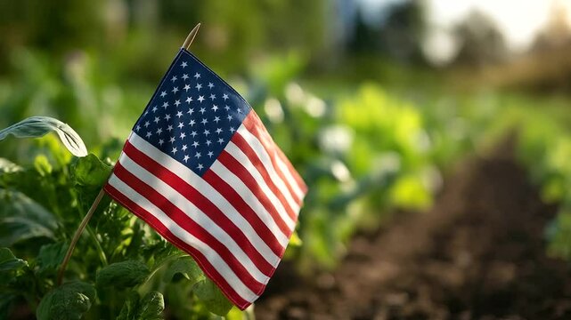 A sunlit rustic garden with an American flag waving amidst lush vegetables.