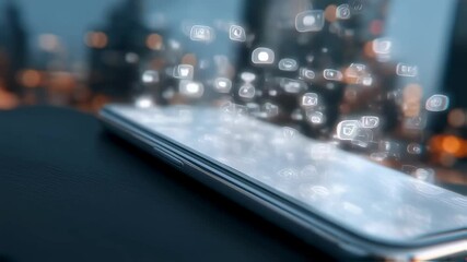 Holographic social media icons floating above smartphone screen, suggesting innovative digital marketing and communication strategies - Powered by Adobe