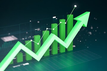 A green arrow pointing upwards over a bar graph on a dark green background illustration