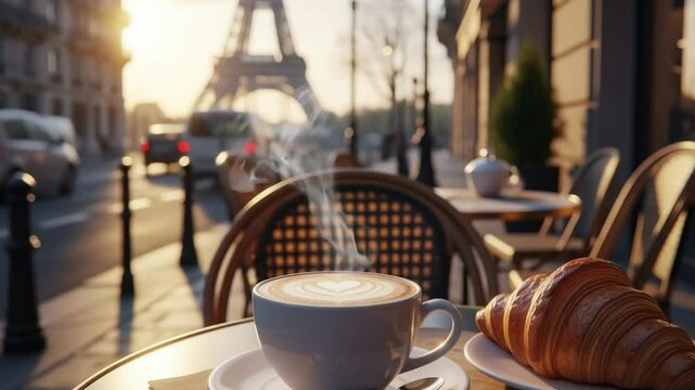  hot coffee cappuccino heart-shaped latte art  in a sidewalk cafe in Paris, with the Eiffel Tower 