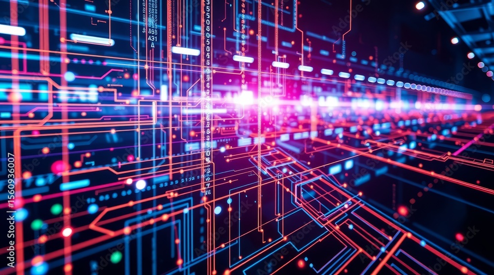Poster digital luminescence: a vibrant, futuristic composition of interconnected lines, data streams, and g