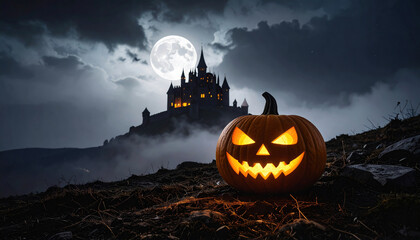 Spooky pumpkin grinning under the moonlight with a haunted house in the background