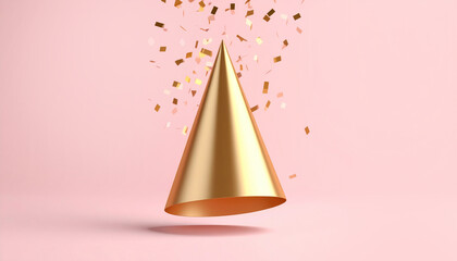 Celebratory vibes: Gold party hat and confetti against a pink background. Festive!