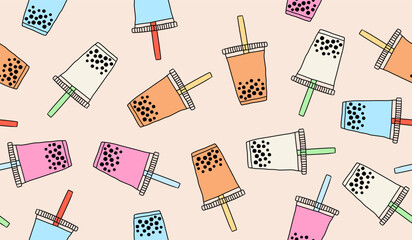 Cute bubble tea drink pattern background vector design