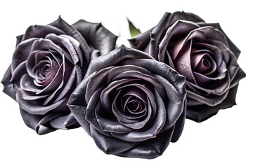 Three dark purple roses with delicate petals in soft diffused light isolated on a transparent background