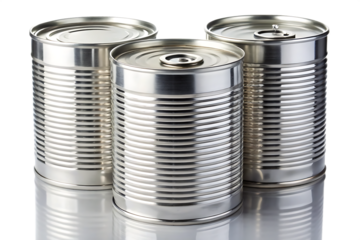 Three silver metal food cans with pull tabs and ribbed sides studio lit isolated on a transparent background