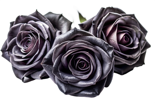 Three dark purple roses with delicate petals in soft diffused light isolated on a transparent background