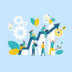 Illustration of people working on a rising graph with gears target and a rocket ship