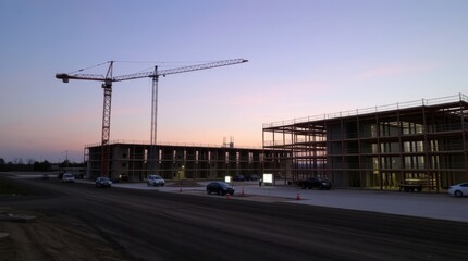Obraz premium Building Construction in Twilight: A dramatic twilight scene unfolds above a construction site, with towering cranes and the framework of new buildings silhouetted against the fading light.